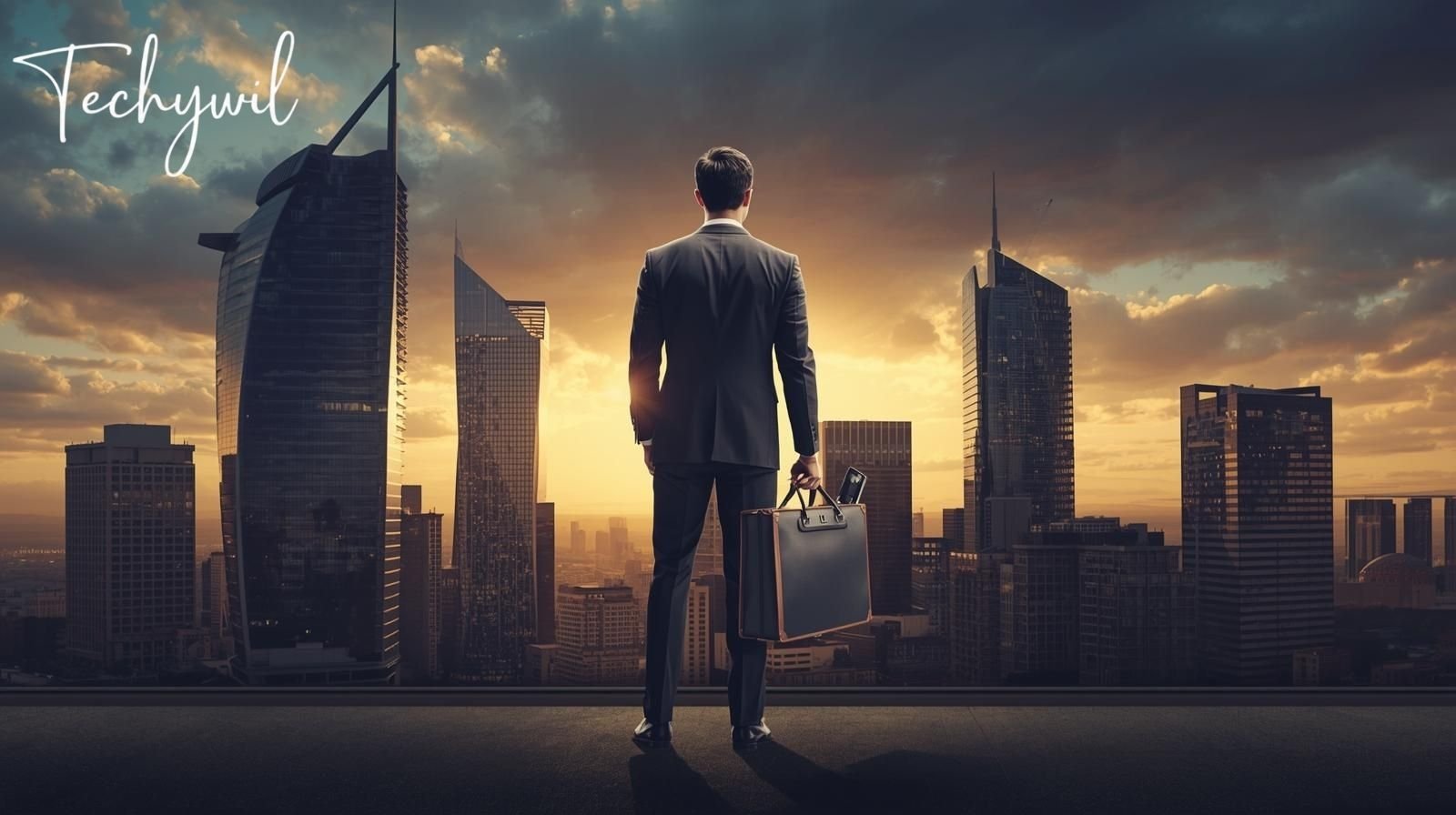Jaryn Arnold Rothman standing confidently with a briefcase, overlooking a city skyline symbolizing business success and personal challenges