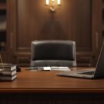 Elegant law office desk with laptop, legal books, and scales of justice representing professionalism at Justin Billingsley Greene Law.