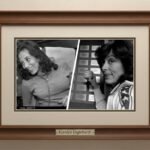 Black and white framed photos of Karolyn Englehardt, showing her smiling and holding a baseball, symbolizing her connection to baseball history.