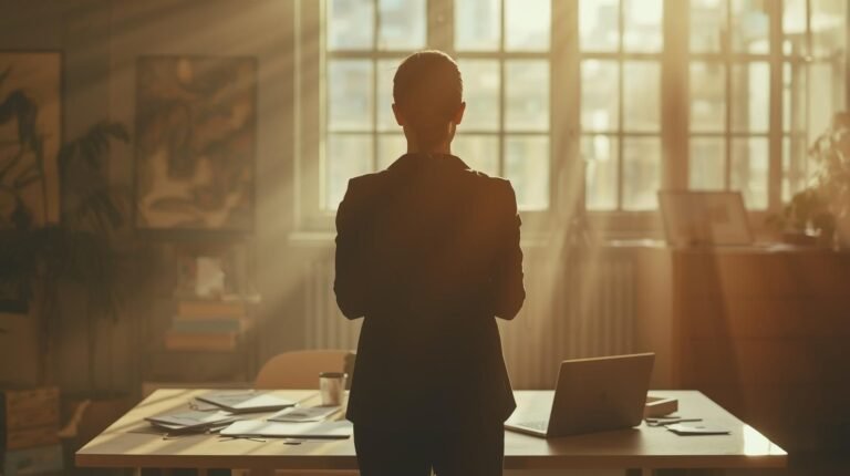 Faceless young woman entrepreneur in a modern creative studio with laptop and sketches, symbolizing Louisa Kochansky’s inspiring journey.