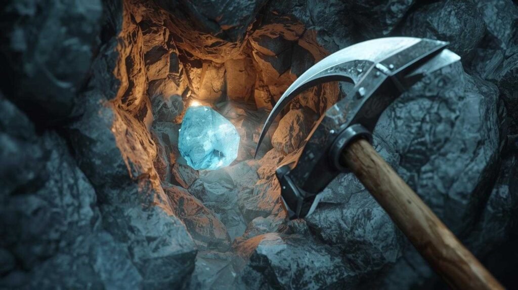 Close-up of mh wilds gracium ore glowing blue inside an icy cliff, with a hunter’s pickaxe mid-swing, realistic fantasy RPG art style.
