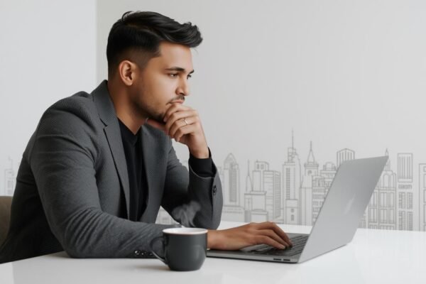 Professional working on modern web design using a laptop in a stylish office with a cup of coffee