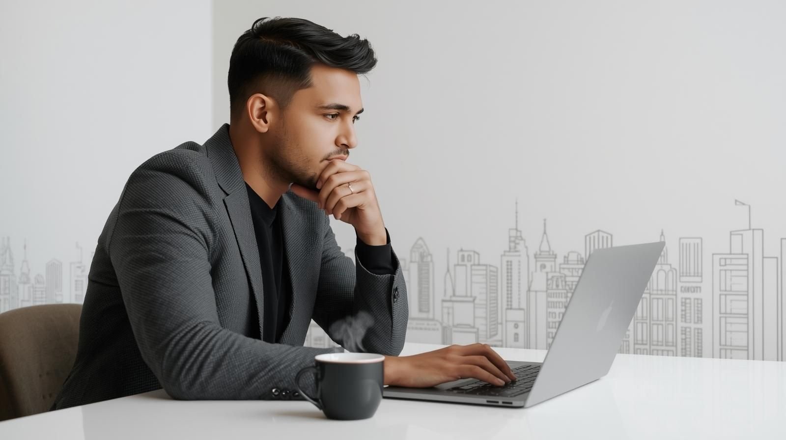 Professional working on modern web design using a laptop in a stylish office with a cup of coffee