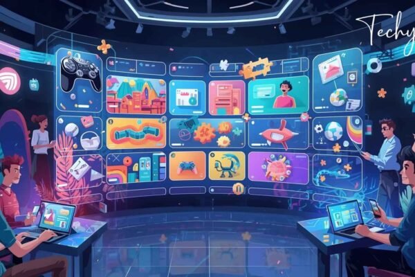 Interactive digital platform displaying Mopoga's engaging games, puzzles, and tools with users enjoying a modern online entertainment experience