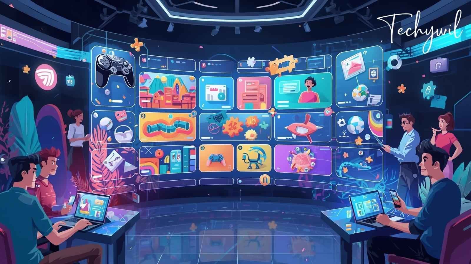 Interactive digital platform displaying Mopoga's engaging games, puzzles, and tools with users enjoying a modern online entertainment experience