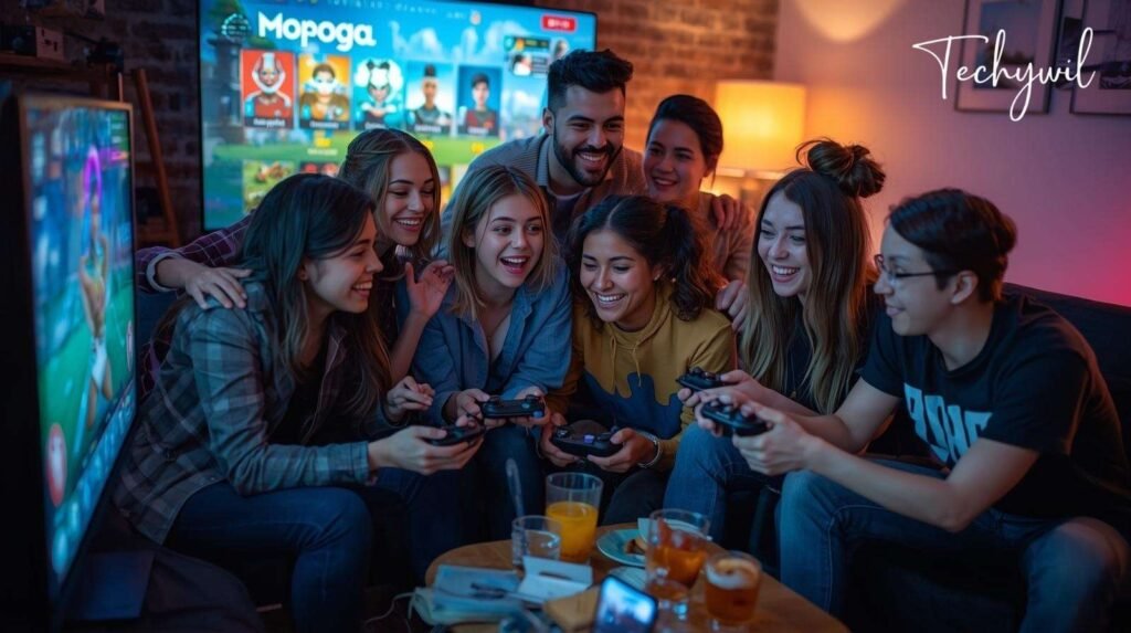 Group of friends enjoying multiplayer gaming on Mopoga, with controllers in hand, playing interactive games together in a cozy living room setting