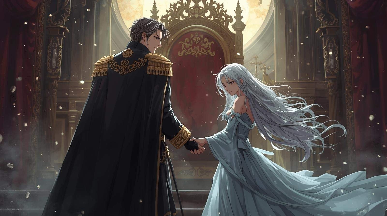 A dramatic fantasy scene from my dead lover returned as a tyrant spoilers showing the emperor and noblewoman under moonlight.