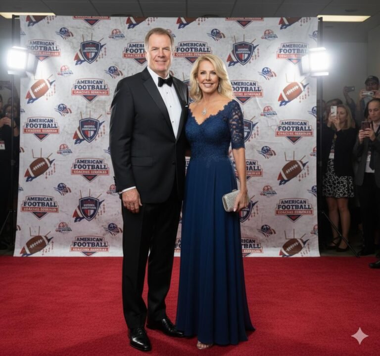A couple posing on the red carpet at an American football event, symbolizing the story behind the obituary debby clarke belichick rumor.