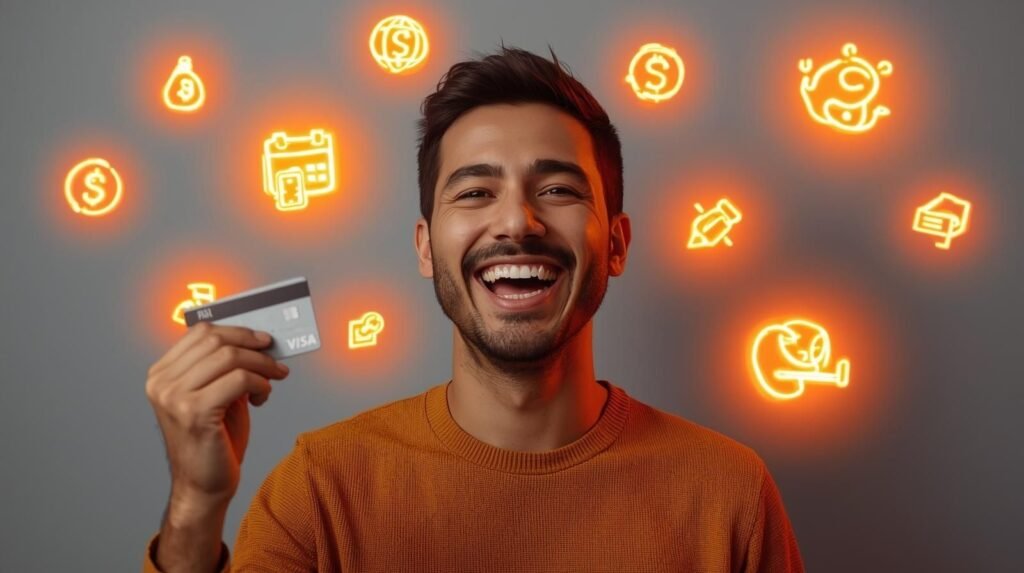 Smiling person holding a credit card with reward points icons, showing how PayUSATax helps earn cashback while paying taxes online.