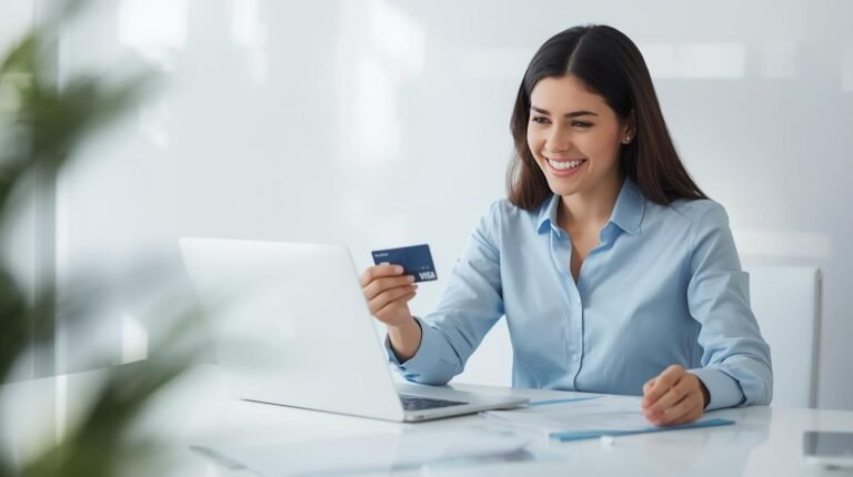 A cheerful professional paying federal taxes online using a laptop and credit card through PayUSATax in a modern office setting.
