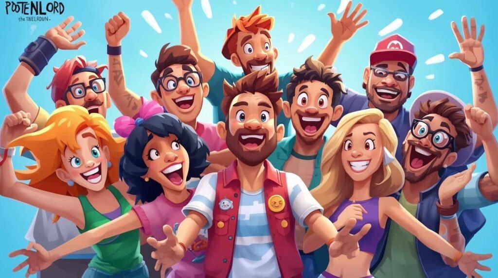 A group of diverse digital avatars cheering and laughing together, symbolizing the quirky online community spirit behind the term pootenlord.