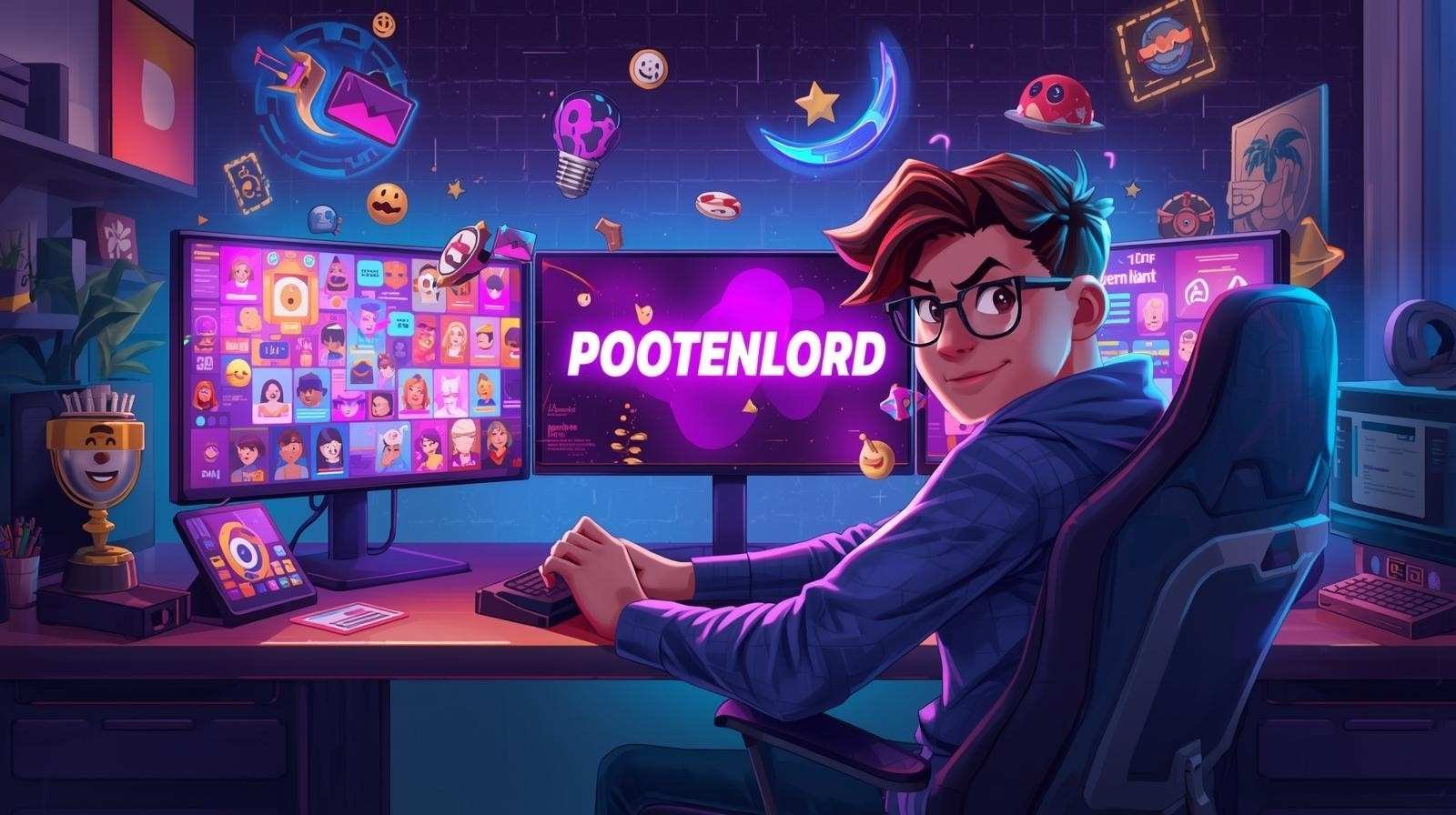 A young digital creator sitting at a computer surrounded by colorful screens showing avatars, memes, and the word pootenlord, symbolizing creativity and online culture.