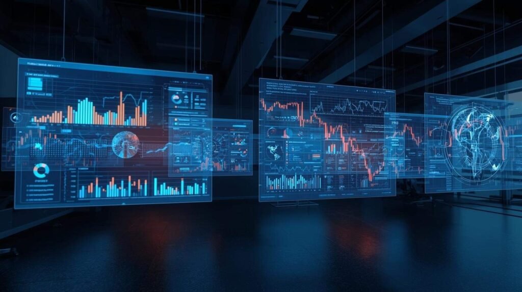 Holographic dashboards and glowing data graphs in a dark modern workspace symbolizing tech leadership, innovation, and decision-making by Prajit Malhan.
