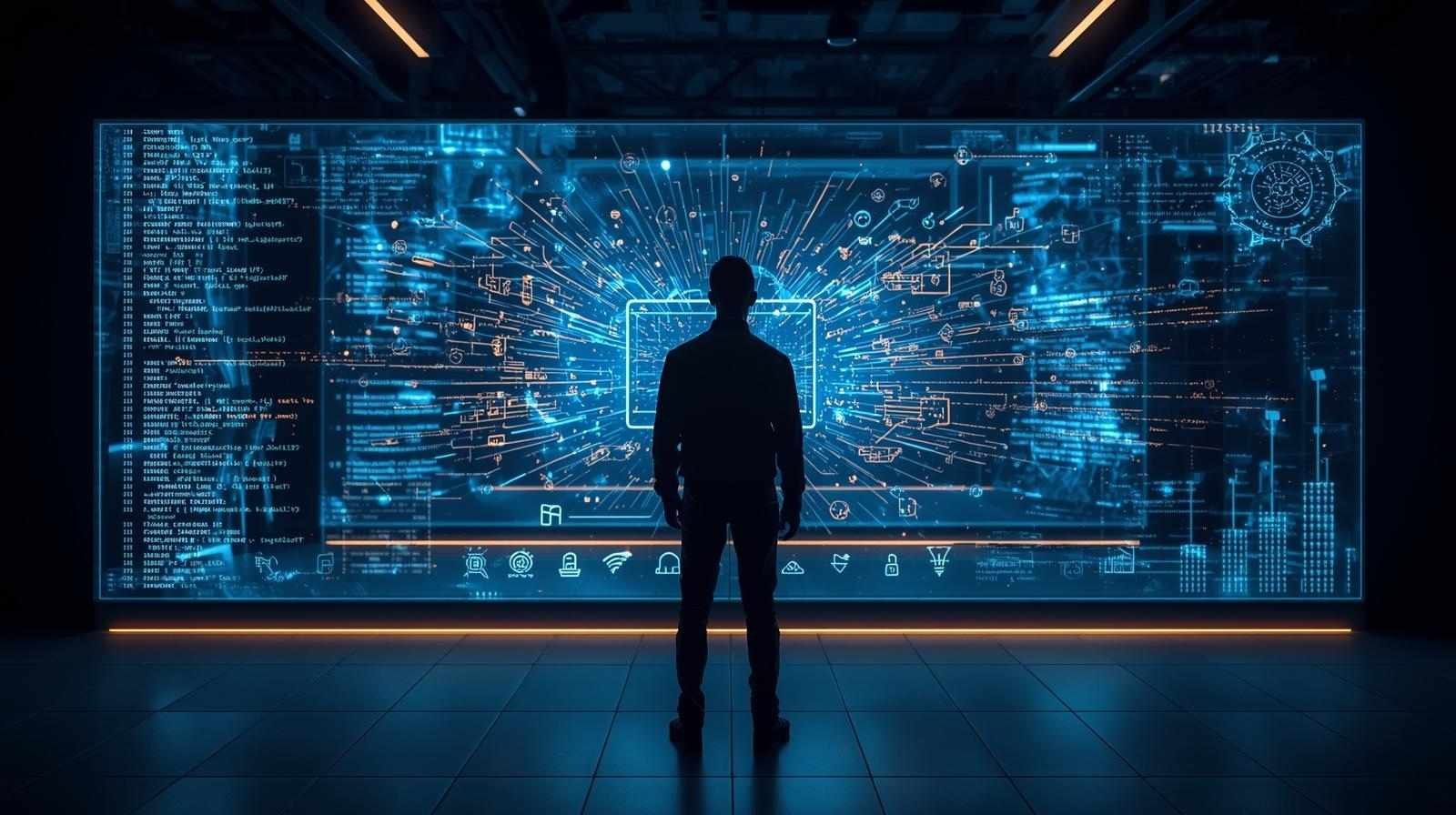 A futuristic digital workspace with holographic data, blue light visuals, and analytics displays representing Prajit Malhan’s vision in technology leadership.