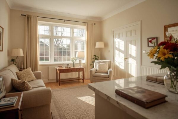 Clean and tidy living room in a well-maintained home, showing how a regular cleaner helps keep spaces organized and inviting