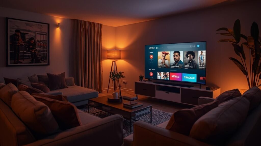 Cozy modern living room with a smart TV displaying Netflix, Tubi, and Crackle as safe alternatives to kipflix, warm lighting, relaxed atmosphere.