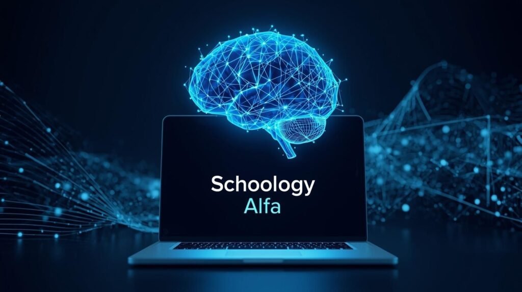 Glowing digital brain above a laptop showing Schoology Alfa, symbolizing AI-powered smart learning and innovation in education.