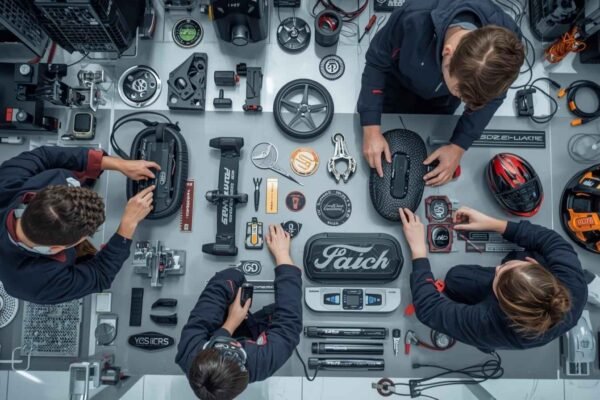 Technicians working on custom branding solutions, assembling branded products like helmets, gadgets, and other equipment with flexible branding materials