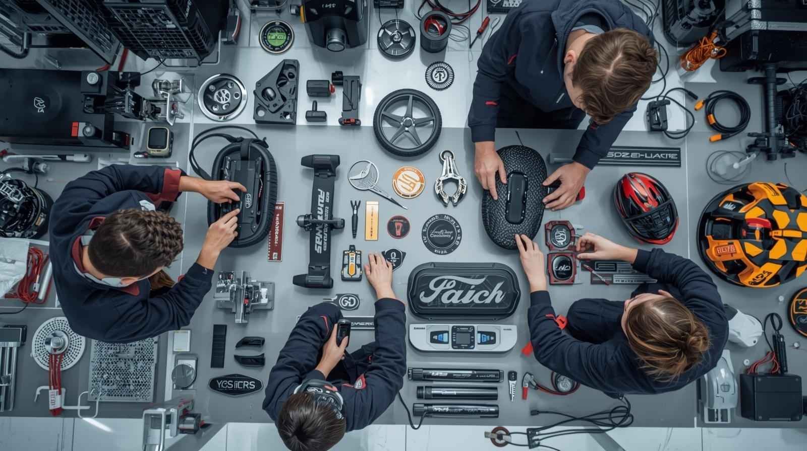 Technicians working on custom branding solutions, assembling branded products like helmets, gadgets, and other equipment with flexible branding materials