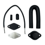 Components of a Duramax Delete Kit, including hoses, plates, and fittings designed to bypass emissions systems for improved performance