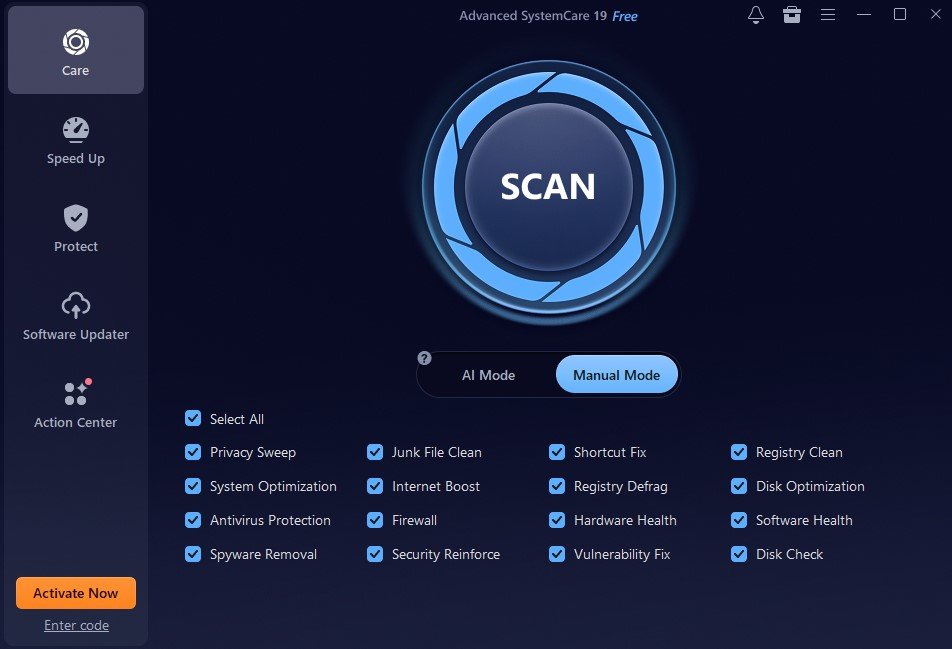 Advanced SystemCare 19 scan screen showing options for AI mode and manual scan categories like Privacy Sweep and Junk File Clean
