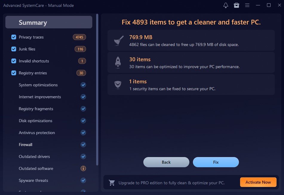 Screenshot of Advanced SystemCare 19 showing the "Fix" button, highlighting system repair and optimization features