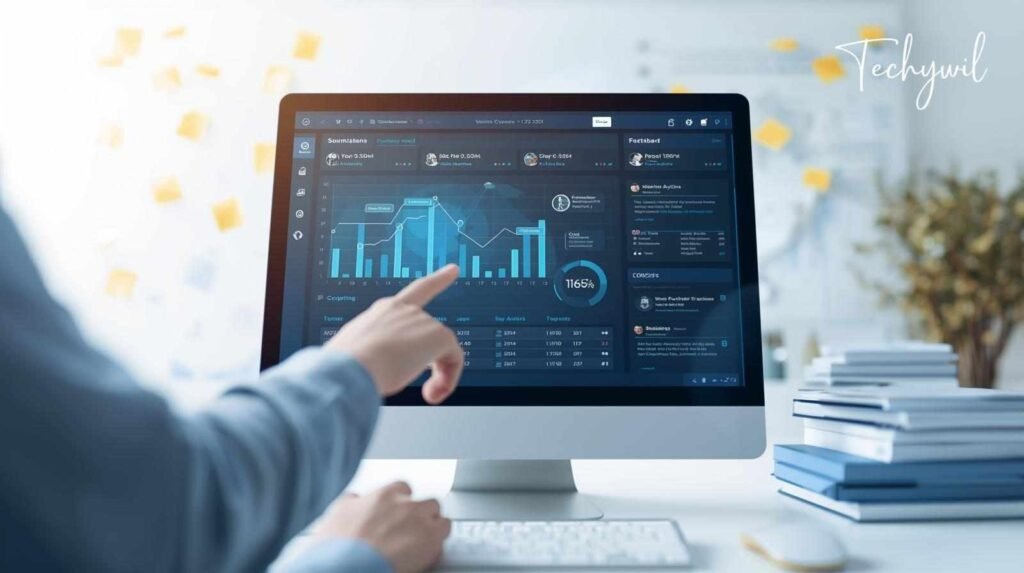 A user navigating through the abstract management software dashboard, analyzing submission data and performance metrics on a computer screen