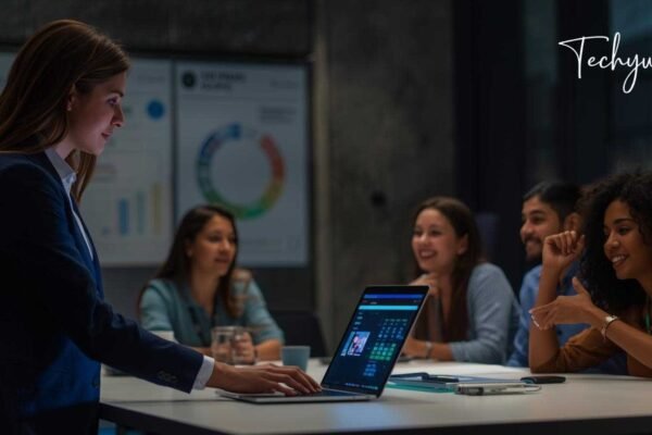 A professional event organizer using abstract management software on a laptop while a team discusses submissions and reviews in a modern conference room.