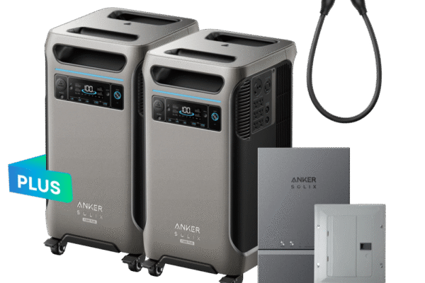 Anker Solix battery backup system with dual units, control panel, and accessories for home energy storage and power backup during outages