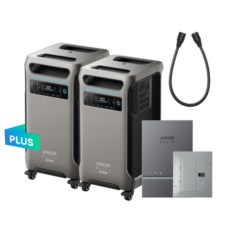 Anker Solix battery backup system with dual units, control panel, and accessories for home energy storage and power backup during outages