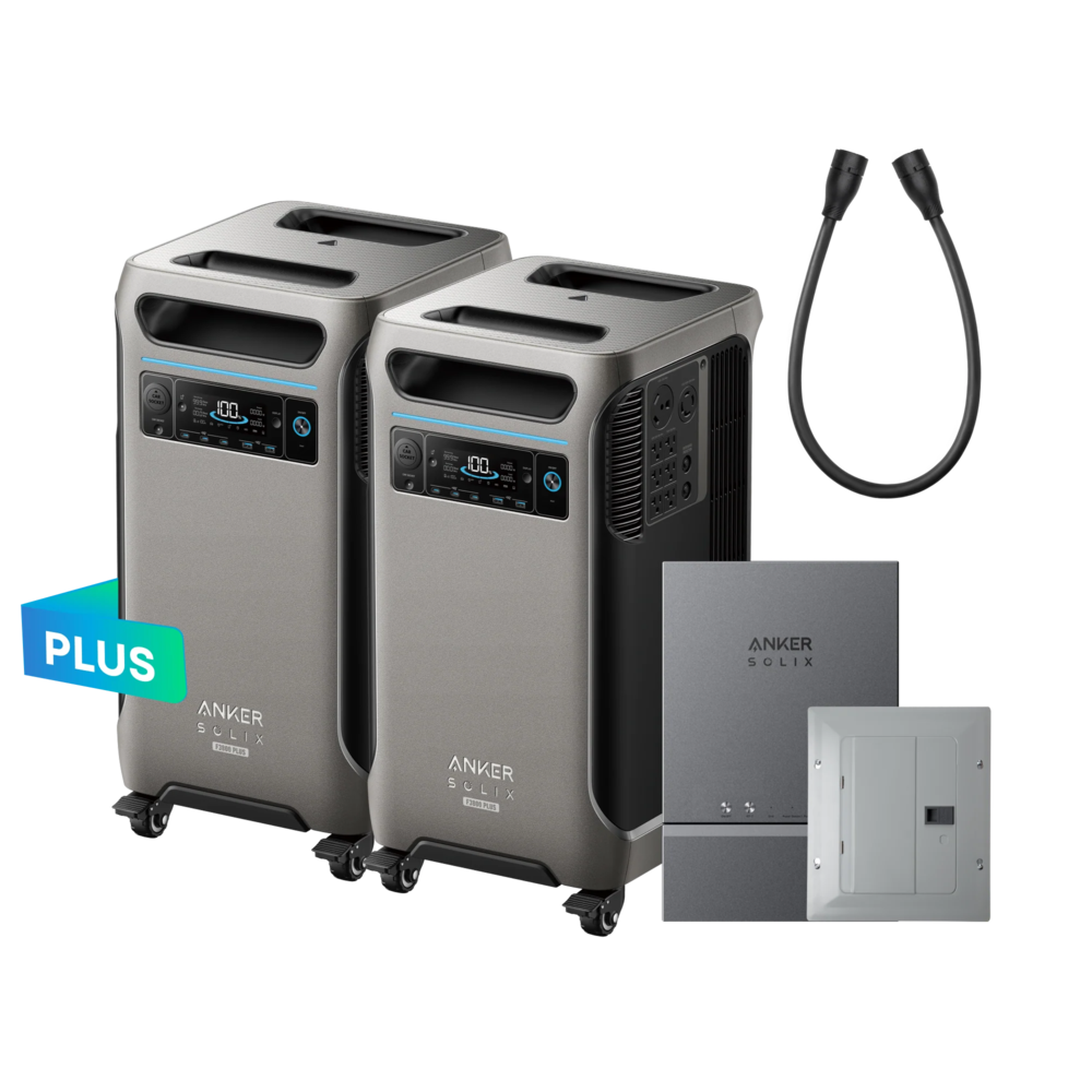 Anker Solix battery backup system with dual units, control panel, and accessories for home energy storage and power backup during outages