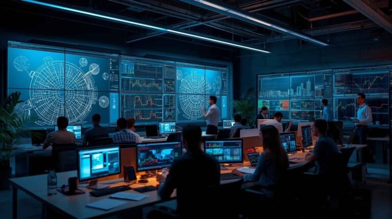 Team using Automated Intelligence tools in a high-tech office to analyze construction data and design plans, enhancing project accuracy and coordination