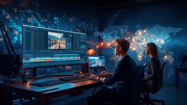 Two professionals working on video editing and content creation, utilizing BigShare's hosting platform, with a world map showing fast data transfer