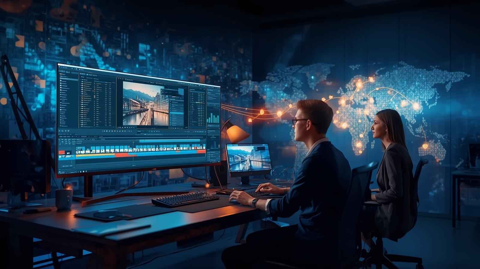 Two professionals working on video editing and content creation, utilizing BigShare's hosting platform, with a world map showing fast data transfer