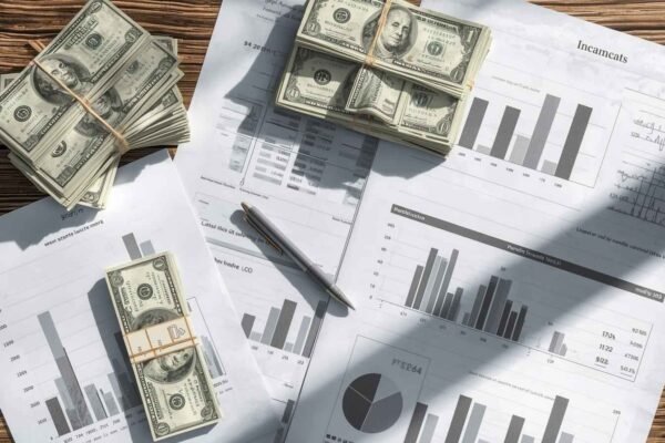 Stacks of U.S. dollar bills on financial reports and charts representing Business Finances and cash flow management.