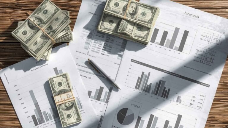 Stacks of U.S. dollar bills on financial reports and charts representing Business Finances and cash flow management.