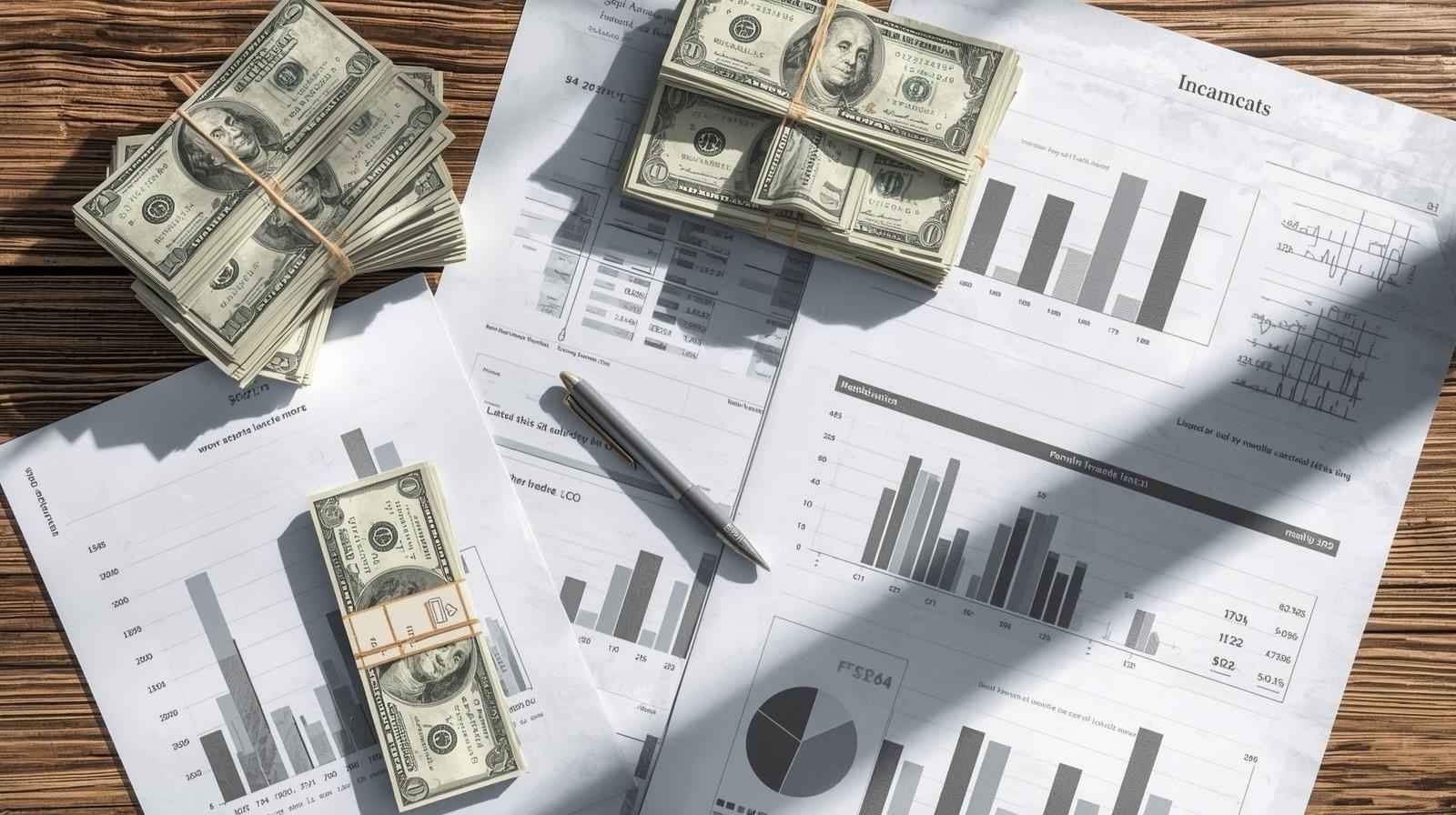 Stacks of U.S. dollar bills on financial reports and charts representing Business Finances and cash flow management.