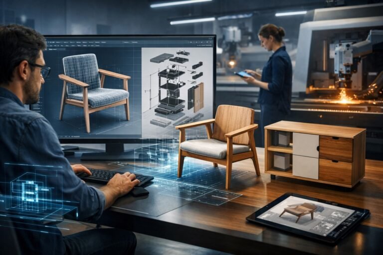 Designer using CAD technology to create a digital model of a modern wooden chair, with real-time 3D rendering and prototype displayed