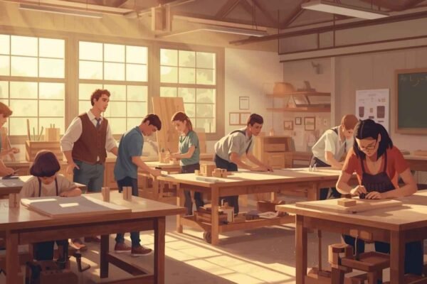 Students working on woodworking projects in a classroom, showing ccsd woodshop mr thomas and hands-on skill building.