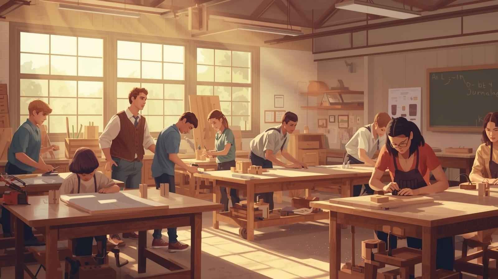 Students working on woodworking projects in a classroom, showing ccsd woodshop mr thomas and hands-on skill building.