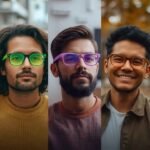 Five men wearing different Color Therapy Glasses in vibrant shades such as blue, green, purple, orange, and brown, each enhancing their mood and focus