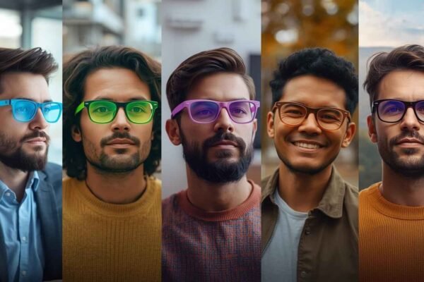 Five men wearing different Color Therapy Glasses in vibrant shades such as blue, green, purple, orange, and brown, each enhancing their mood and focus