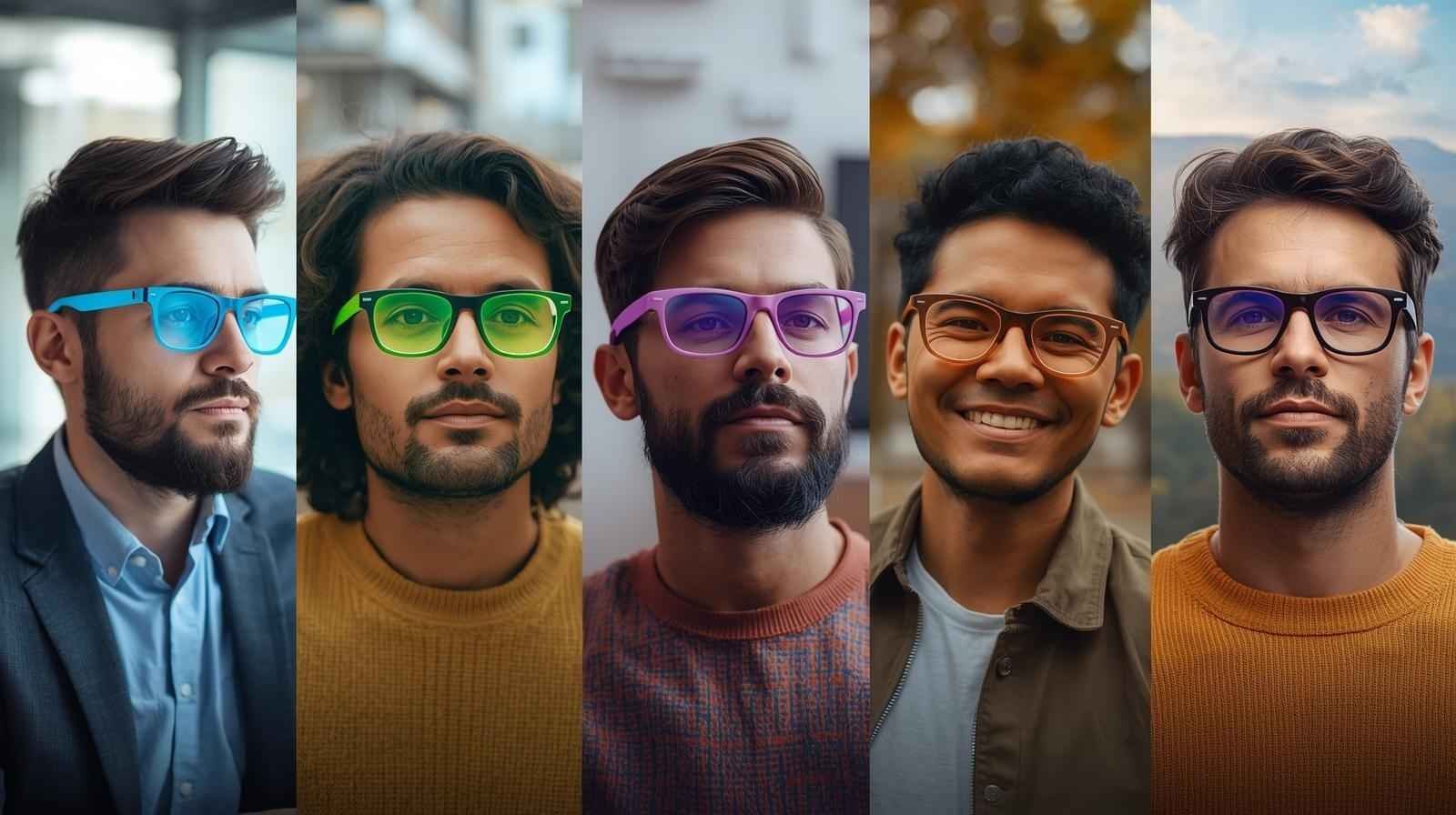 Five men wearing different Color Therapy Glasses in vibrant shades such as blue, green, purple, orange, and brown, each enhancing their mood and focus