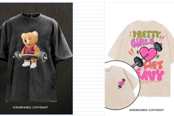 Stylish comfortable activewear featuring a fun bear lifting weights and a trendy graphic design, perfect for those who want to stay active and fashionable