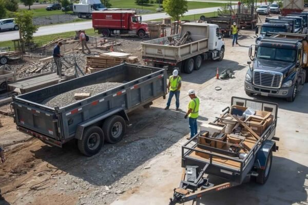 Construction workers using various transport gear, including dump trucks and trailers, to efficiently move materials and supplies on a busy worksite