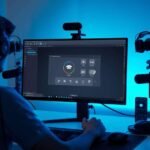 A content creator uses iTop Screen Recorder on a desktop setup with headphones, microphone, and blue ambient lighting.