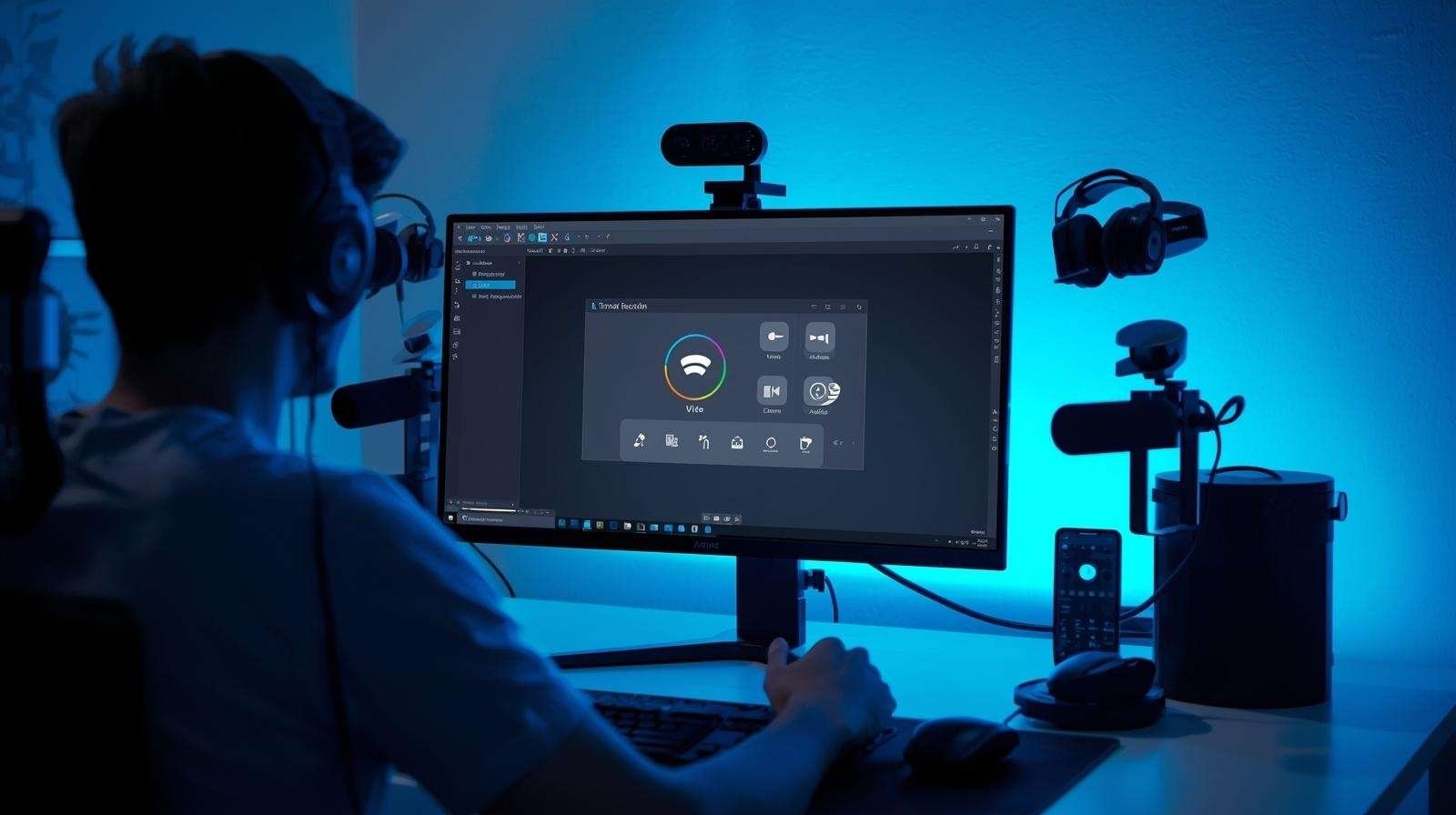 A content creator uses iTop Screen Recorder on a desktop setup with headphones, microphone, and blue ambient lighting.