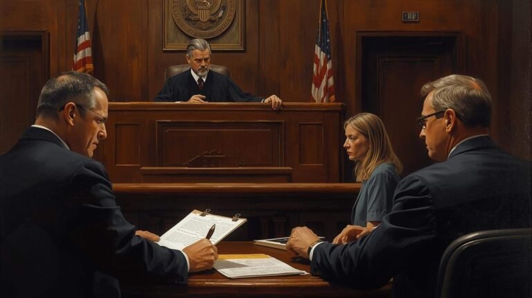 Courtroom scene in the criminal justice system with a judge, defense attorney, and defendant, showcasing the legal proceedings and decision-making process