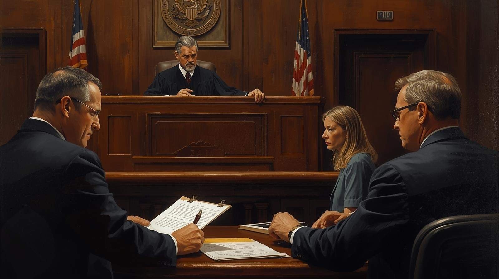 Courtroom scene in the criminal justice system with a judge, defense attorney, and defendant, showcasing the legal proceedings and decision-making process