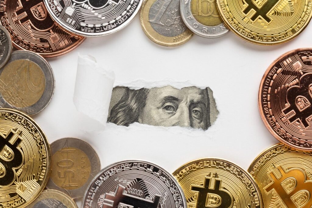 Image showing a tear revealing US dollar behind a ring of various cryptocurrencies, highlighting the role of a Blockchain Development Company in bridging traditional finance with crypto